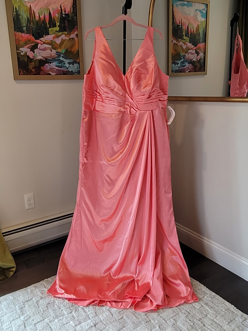 NWT WEAR YOUR LOVE Coral Satin Corseted Formal Gown High Slit Size 22 - Picture 2 of 16